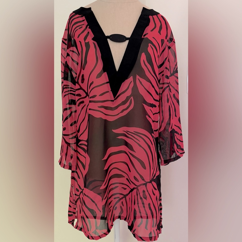 Sheer Long Sleeve Swimsuit Coverup; Black and Pink Leaf Print; Women's Medium